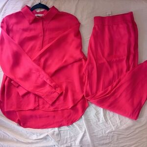 Zara SATIN EFFECT BASIC SHIRT+Cropped pants set in hot pink, Size XL